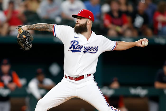 Aug 27, 2022; Arlington, Texas, USA; Texas Rangers starting pitcher Dallas Keuchel (60) throws a pitch against the Detroit Tigers in the first inning at Globe Life Field. Mandatory Credit: Tim Heitman-USA TODAY Sports